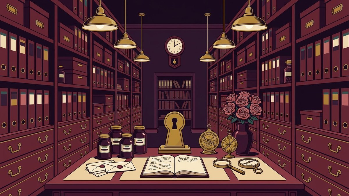 Richly detailed dark-plum vintage research archive with towering shelves, brass lamps, sealed letters, apothecary jars, an open notebook, roses and a brass keyhole on a central desk.