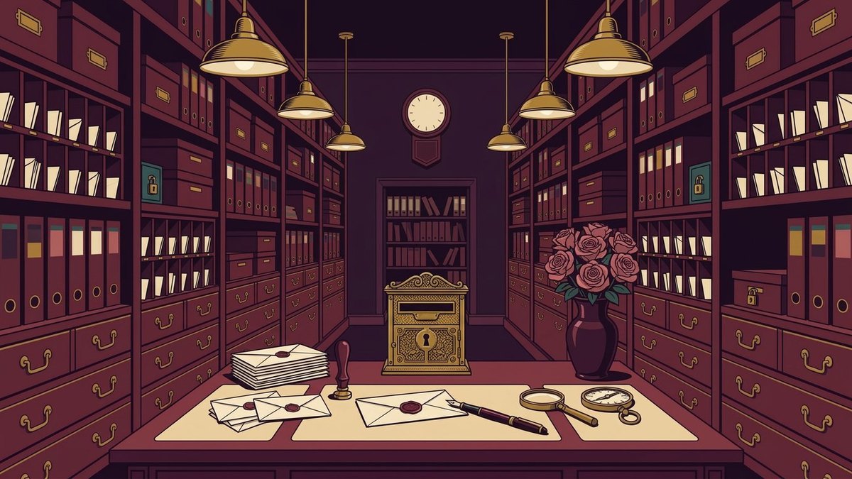 Dark-plum vintage private letter-writing salon with sealed envelopes, a brass mailbox, pigeonhole cabinets, roses and shelves of confidential files.