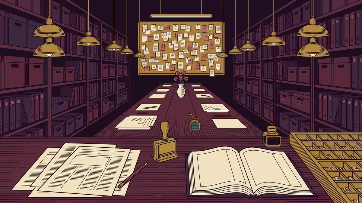 Dark-plum vintage editorial corrections room with a long proofing table, blank proof sheets, a public ledger, date stamp, pinned notes and printing-type drawers.