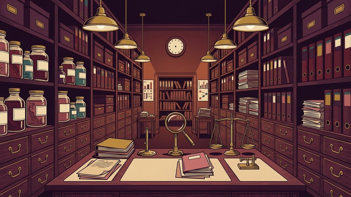 Dark-plum vintage evidence laboratory and archive with specimen jars, a magnifying glass, balance scales, source folders and shelves receding in one-point perspective.