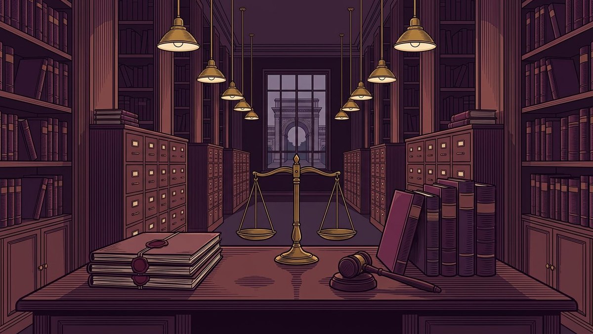 Dark-plum vintage law library with balanced brass scales, a gavel, sealed folders and towering bound volumes receding toward a courthouse window.