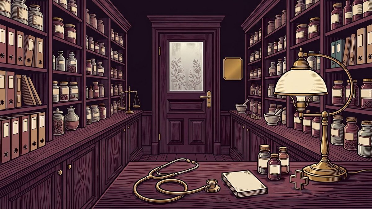 Dark-plum vintage apothecary and closed consulting-room door with a stethoscope, blank medicine bottles, a brass lamp and shelves of jars and files.