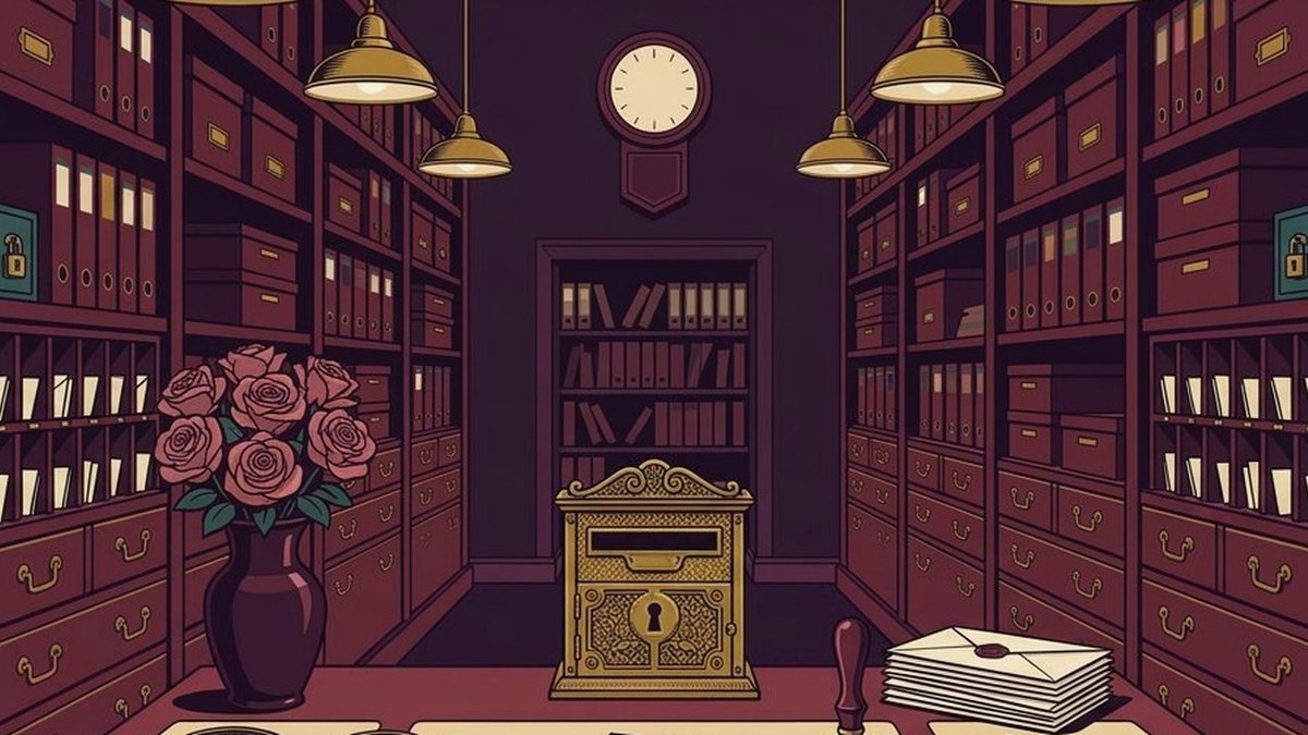 Dark-plum vintage sealed archive with a brass keyhole mailbox, confidential files, locked drawers, roses and shelves receding into shadow.
