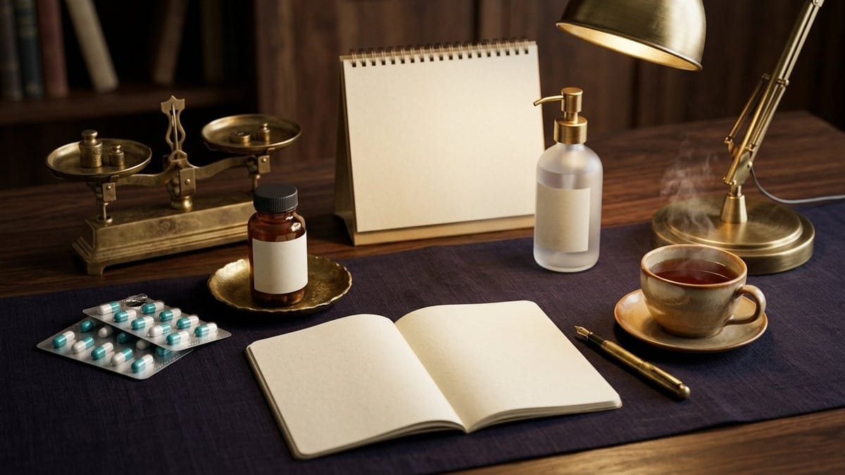 Midnight Plum flat lay with a brass balance scale, two-tone capsule blister pack, regulator shield diagram card, teal lubricant pump bottle, blank notepad and brass pen.