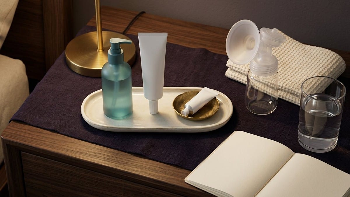 Midnight Plum flat lay with a three-tier tray holding a matte teal lubricant pump, cream moisturiser tube and white vaginal applicator beside a nursing pillow and hormone chart.