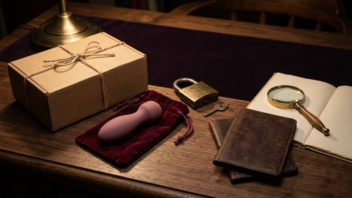 Midnight Plum flat lay with a brown parcel tied with string, stylized customs X-ray frame, dusty-rose wand massager in a satin pouch, brass globe padlock and comparison card.