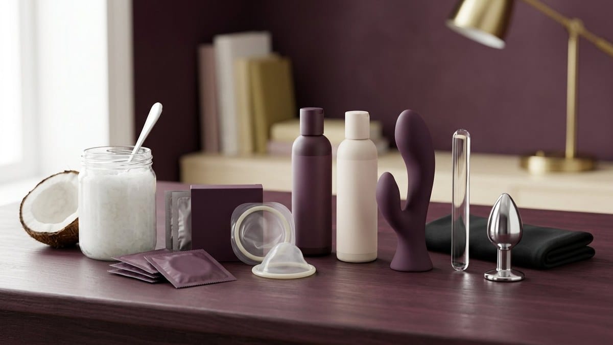 Dark plum desk with a coconut oil jar, coconut half, condom packets and barrier rings, lubricant bottles, and silicone, glass and stainless-steel sex toys.