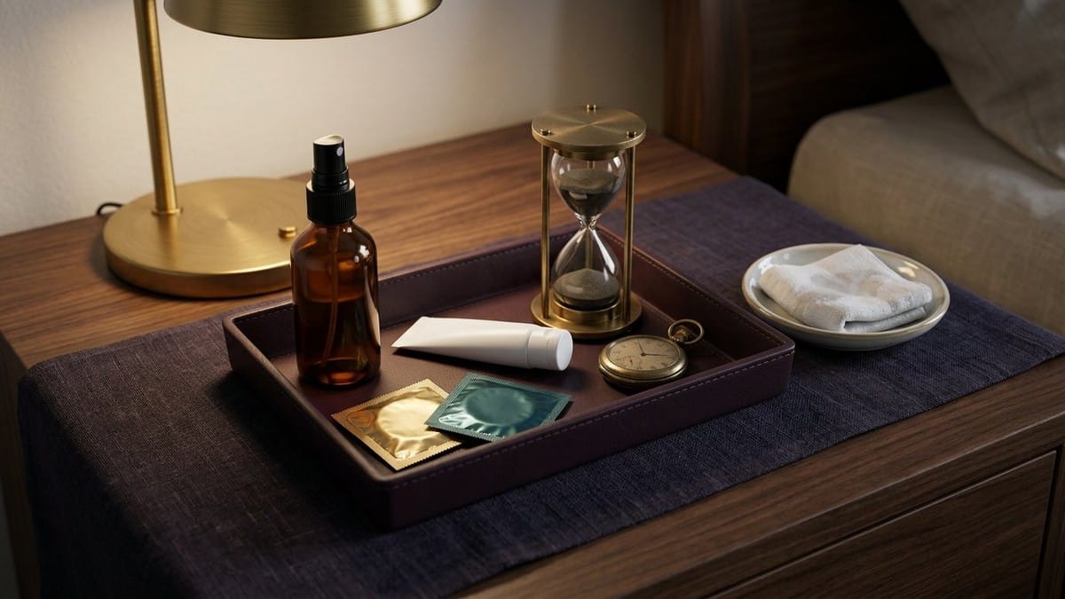 Midnight Plum flat lay with a metered glass spray bottle, foil delay-condom packet, gel tube, single-use wipe sachet, brass hourglass timer and ceramic wash bowl with towel.