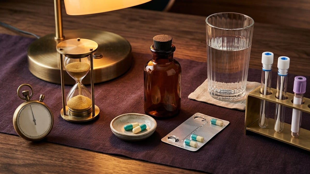3D studio still-life of a brass hourglass, stopwatch, amber bottle, antibiotic capsules, water glass, and STI swab rack.