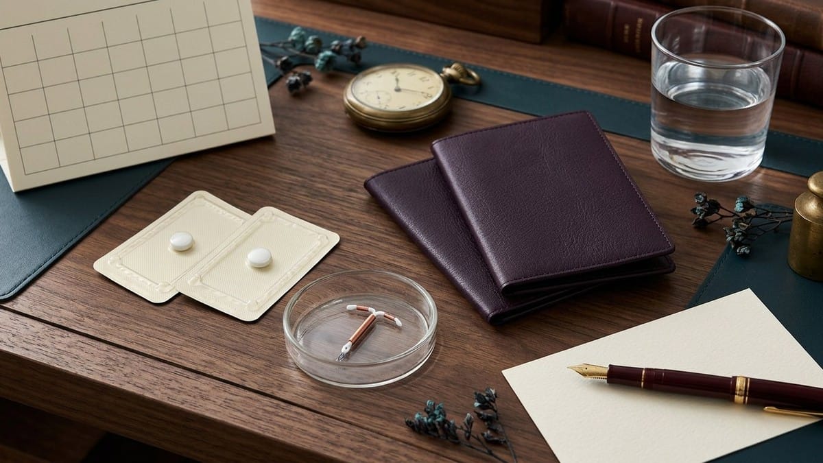 Dark walnut desk with two single-tablet blister packs, a copper-T IUD model in a glass dish, pocket clock, blank calendar, water glass, pen and unmarked dark-plum passports.