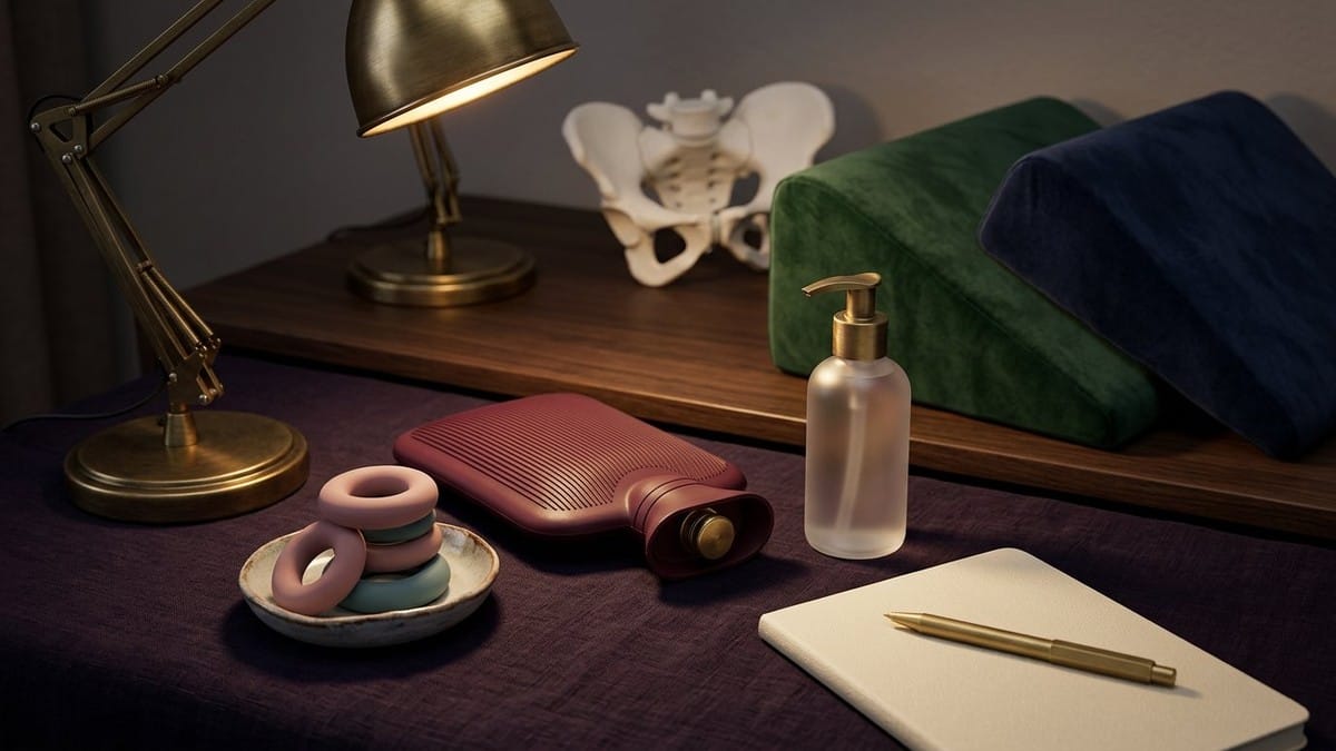 Midnight Plum flat lay with three stackable silicone depth-limiting buffer rings, two wedge pillows, a bolster, a warm heating pad, lubricant bottle, cycle calendar and folder.