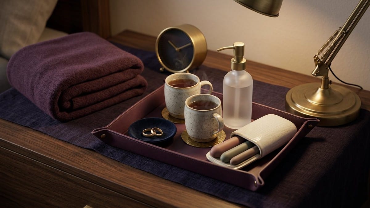 Midnight Plum bedside flat lay with interlocking brass rings, a crossed-out alarm clock, two steaming mugs of herbal tea, lubricant bottle, silicone dilators and blankets.