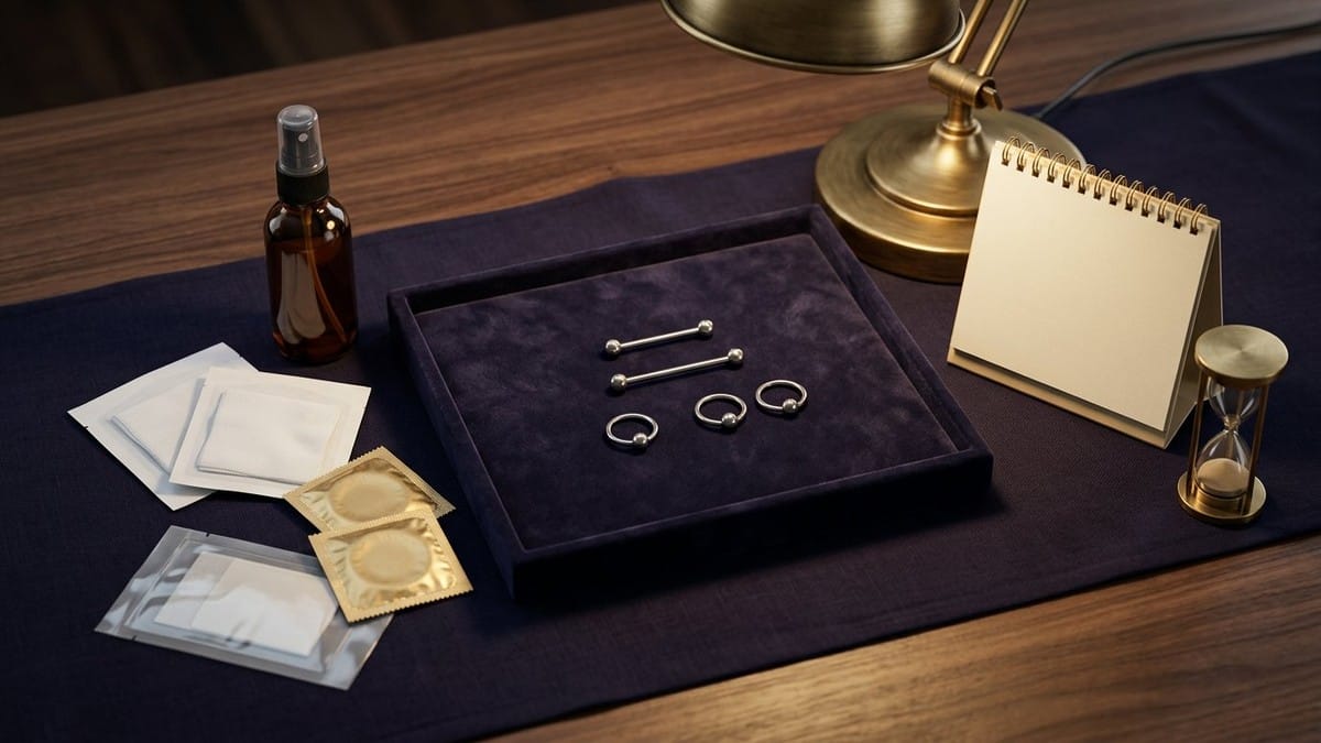 Midnight Plum flat lay with a velvet tray holding straight and curved barbells and a captive ring, saline spray, foil condom packet, dental dam, waterproof dressing and lube.