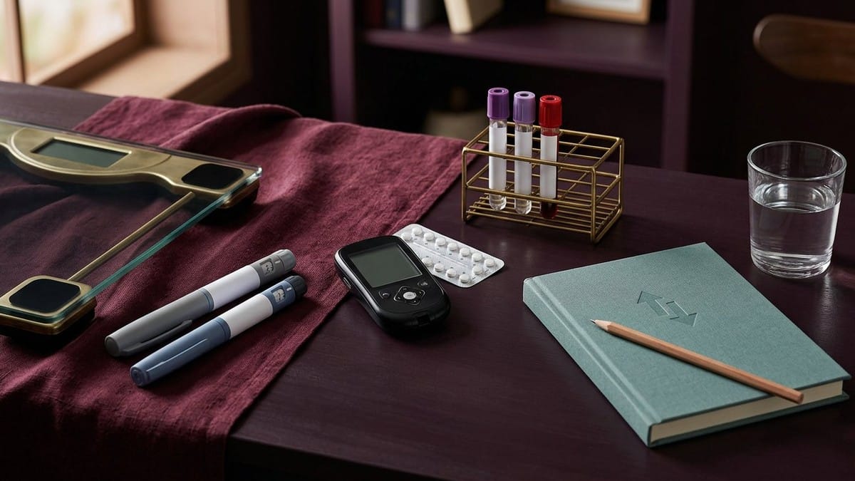 Dark plum desk with generic weekly injection pens, glucose monitor, contraceptive pills, blood-test tubes, evidence notebook, scale and glass of water.