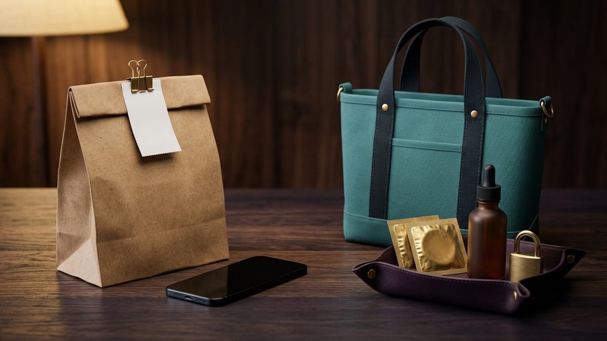 Comparison illustration showing an instant-delivery bag with an exposed stapled receipt and PIN screen on the left versus an opaque pharmacy Click & Collect tote bag on the right.