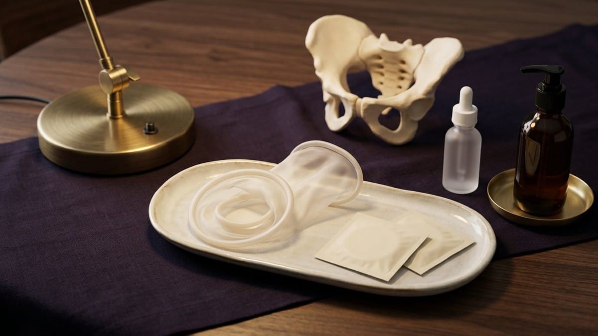 Midnight Plum flat lay with a translucent cream nitrile internal condom showing inner and outer rings, square packet, lubricant pump and dropper bottles, and ring diagram card.
