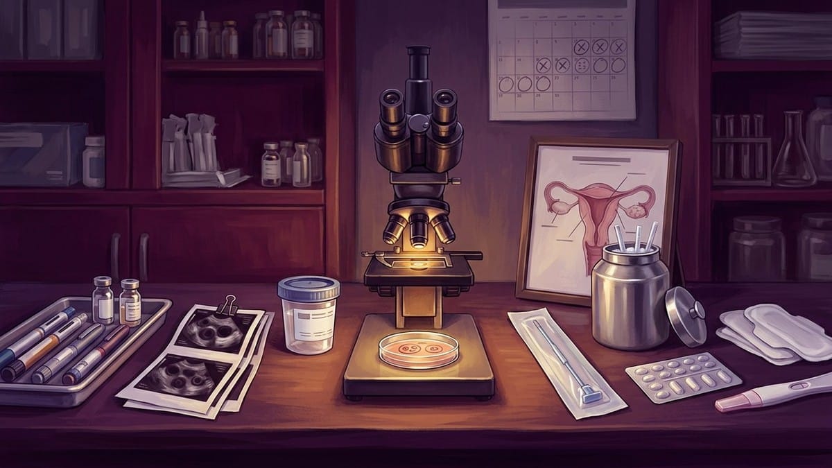 Dark plum fertility desk with injection pens, ultrasound prints, specimen cup, microscope, petri dish, transfer catheter packet, cryo tank, uterus diagram, pads and pregnancy test.