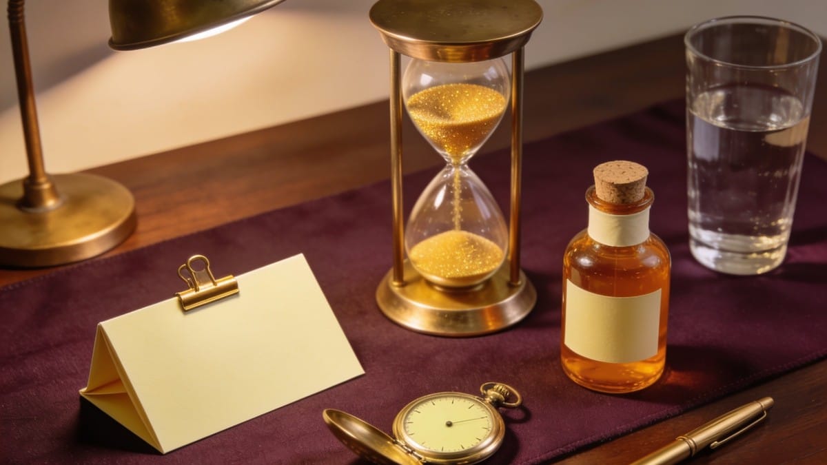 Brass hourglass, pocket watch, amber bottle and a blank appointment card on a plum linen runner