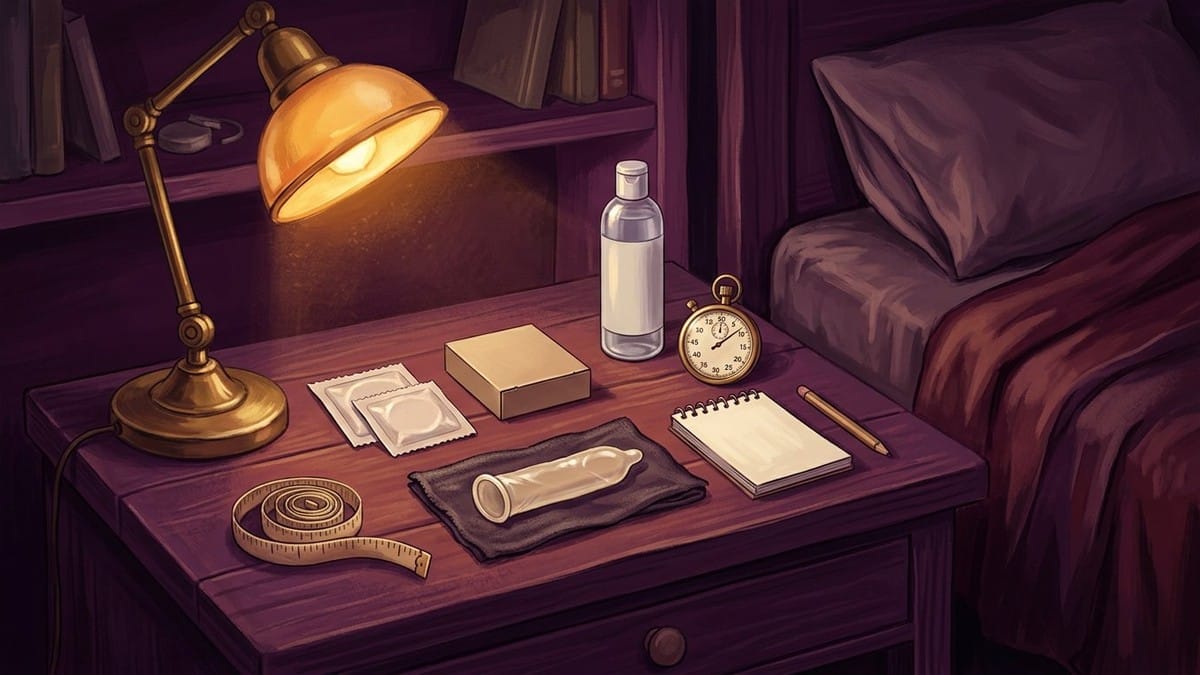 Dark plum bedside desk with condom wrappers and box, a rolled condom, measuring tape, blank-label lubricant bottle, stopwatch, notepad and pencil beside a bed.