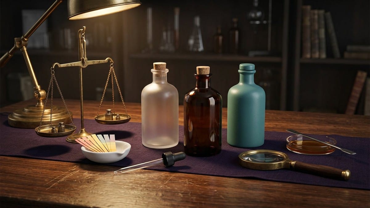 Midnight Plum flat lay with a glass dropper bottle, matte teal lubricant pump, microscope slide with a water drop, colour pH indicator fan, brass scale and hydration diagram card.