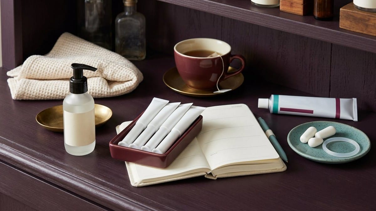 Dark plum shelf with lubricant pump, vaginal moisturiser applicators, estrogen cream, pessaries, blank notebook, towel and cup of tea.