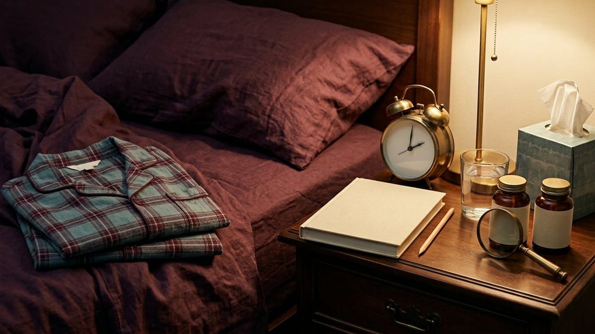 Dark plum bedside scene with folded pyjamas, rumpled sheets, alarm clock, sleep journal, tissue box, water glass and two blank-label supplement bottles.