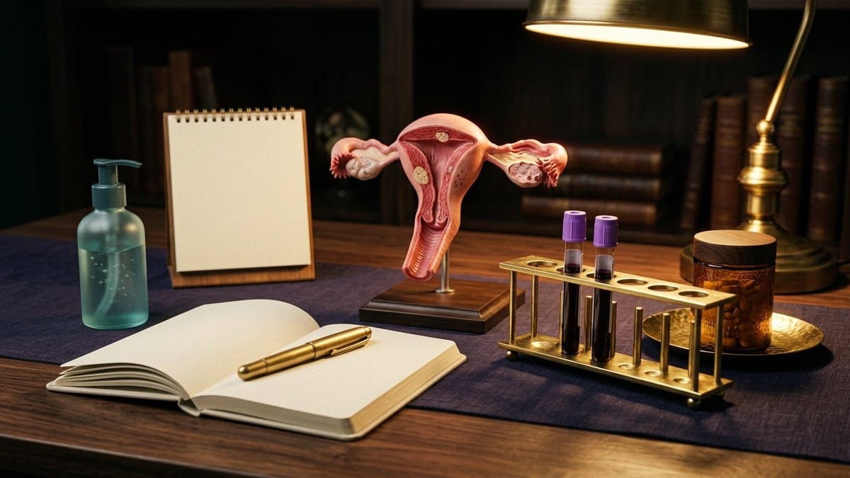 Midnight Plum flat lay with a botanical ovarian follicle ring card, pill blister pack and amber bottle, ovulation test strips beside a crossed-out stopwatch, lube pump and warm lamps.
