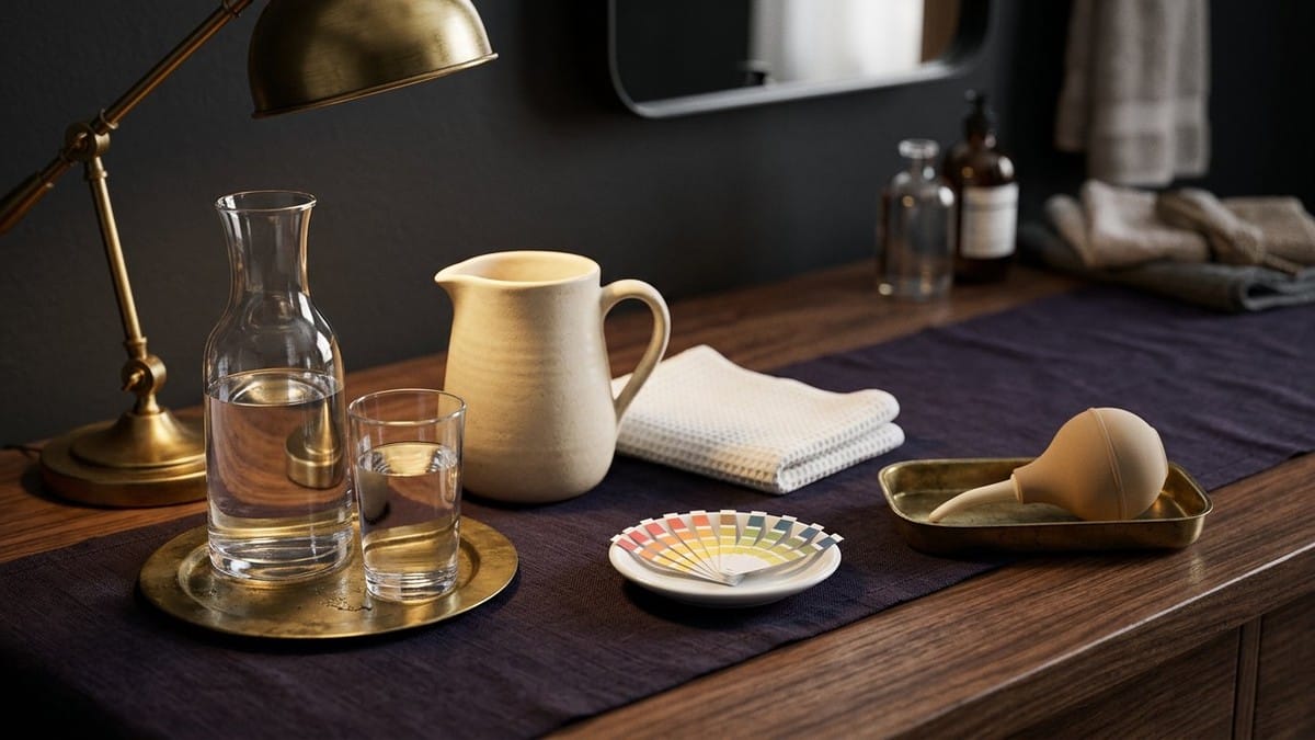 Midnight Plum flat lay with a glass pitcher of water, brass showerhead over a folded cream washcloth, pH strip card, and a douche bulb and spray inside a prohibition circle.