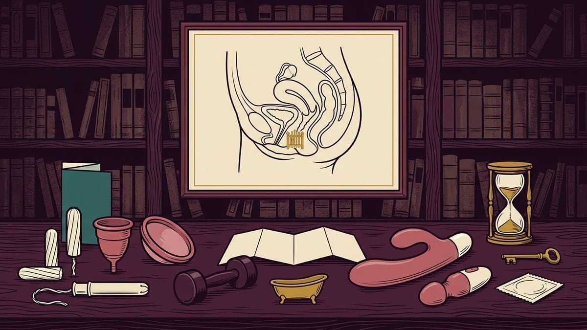 Dark plum library desk with a framed non-erotic pelvis diagram and literal pelvic-rest objects: tampons, menstrual cup and disc, vibrator products, condom, bath, dumbbell and hourglass.
