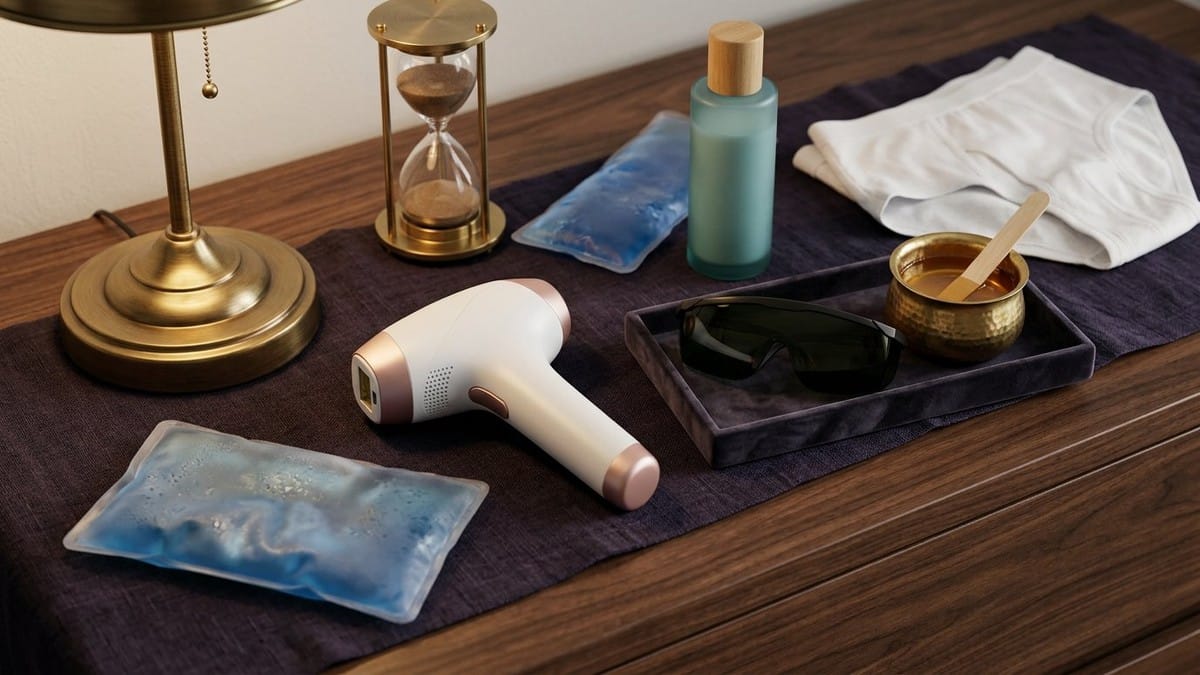 Midnight Plum flat lay with a clinical laser handpiece, protective goggles, wooden wax spatula and brass pot, hourglass timer, cool gel pack, aloe pump and cotton underwear.