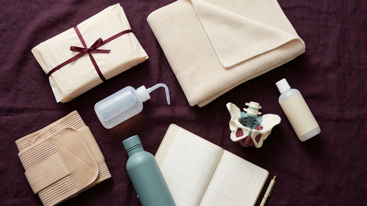 Dark plum postpartum flat lay with maternity pads, perineal rinse bottle, caesarean support binder, baby blanket, water bottle, calendar, lubricant and pelvic model.