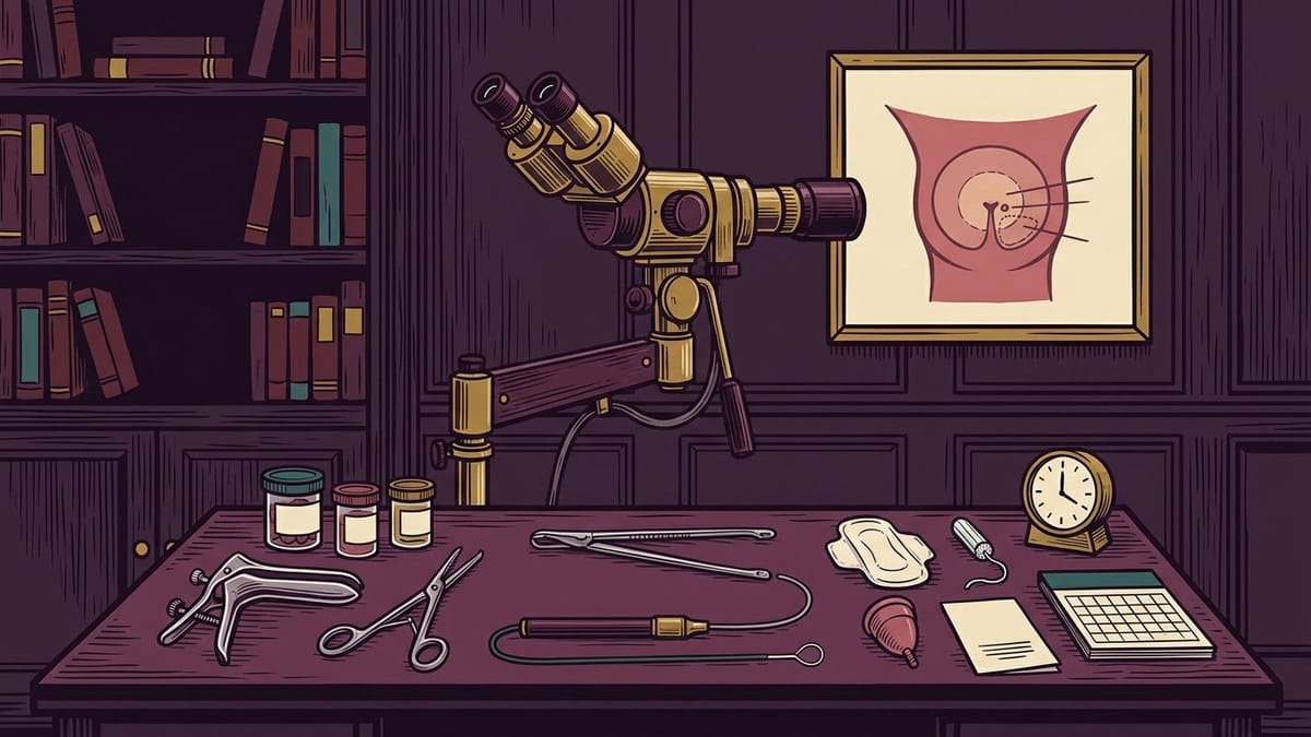 Dark plum clinical desk with a colposcope, framed cervix diagram, speculum, biopsy instruments, specimen jars, LEEP loop handpiece, pad, tampon, menstrual cup, leaflet, calendar and clock.
