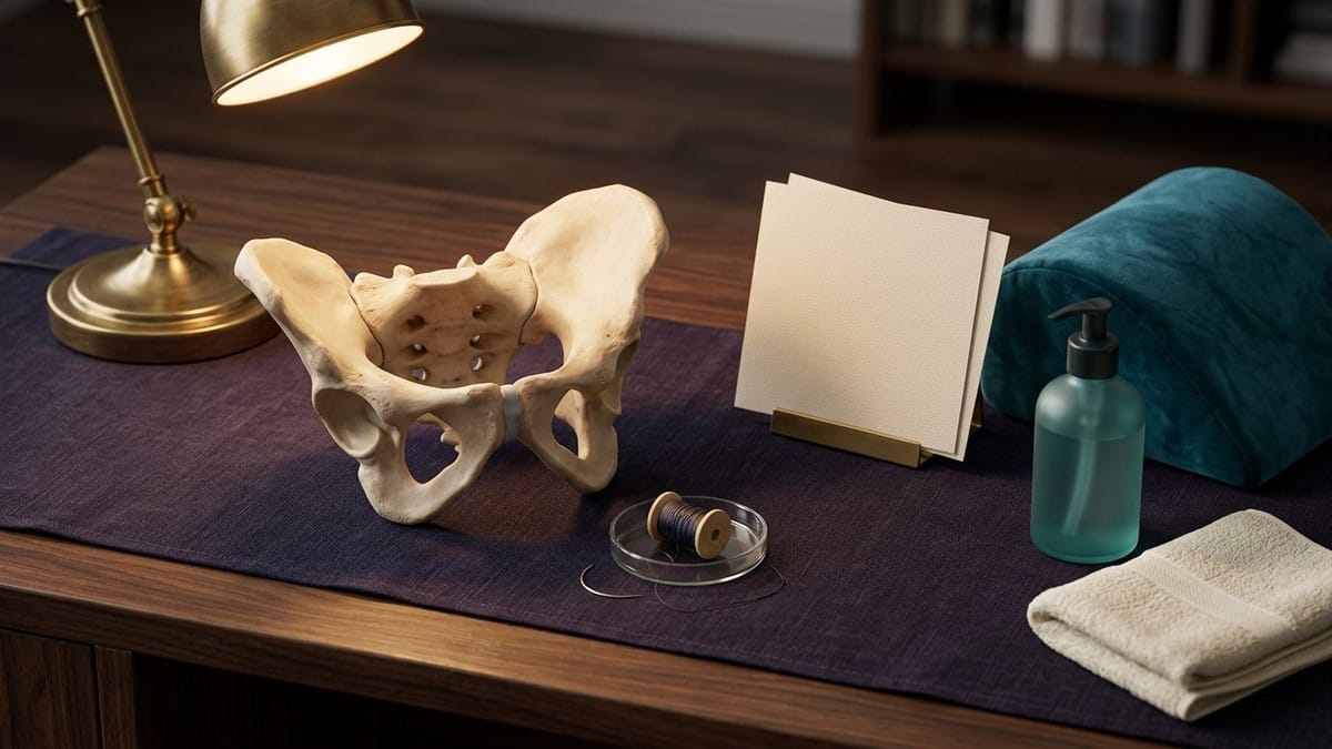 Midnight Plum flat lay with a framed pelvic anatomy diagram, sutured vaginal-cuff arch card, two 12-week calendar cards, suture thread spool, wedge pillow and lubricant pump.