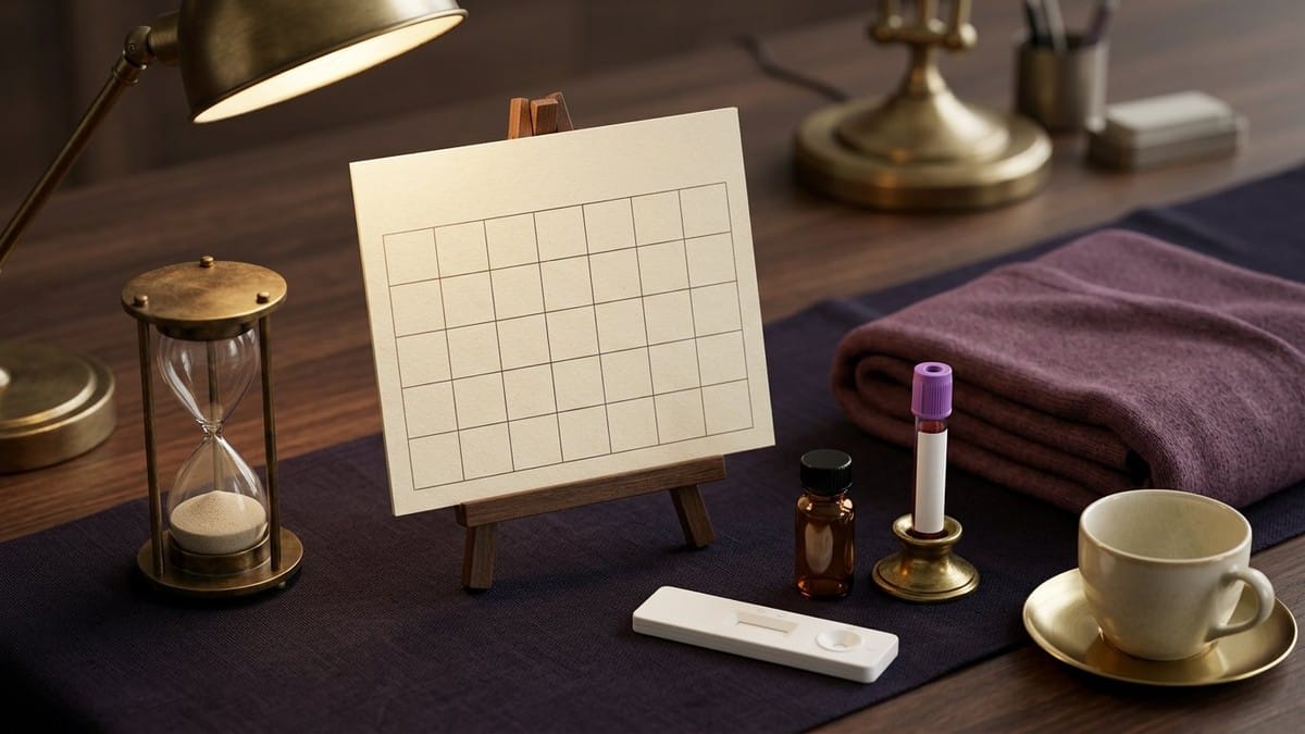 Midnight Plum flat lay with a 3-month calendar grid card showing a teal checkmark, amber vial, blank white urine pregnancy test stick, teacup, folded plum blanket and hourglass.