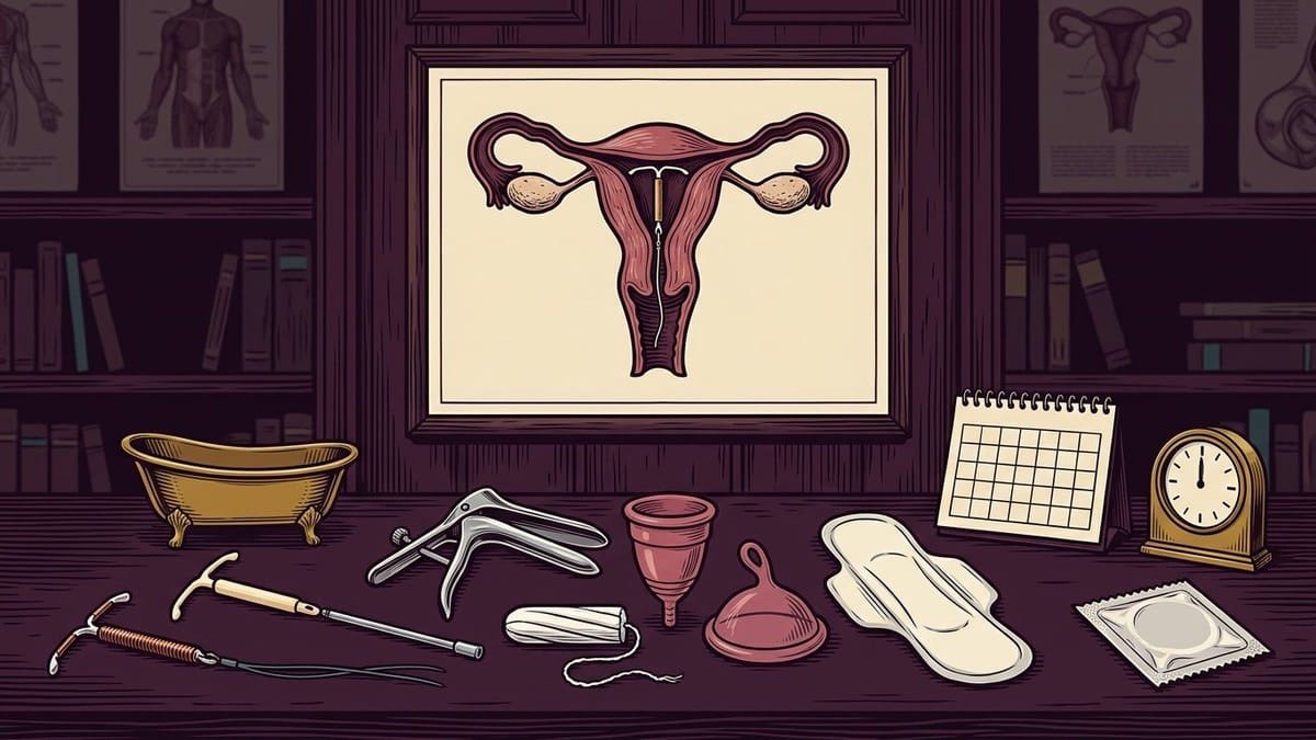 Dark plum desk with a framed uterus/IUD diagram, copper and hormonal IUDs, inserter, speculum, tampon, cup, disc, pad, condom wrapper, tiny bath, calendar and clock.