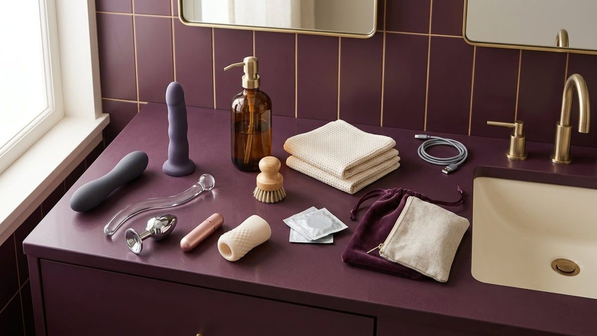Dark plum bathroom vanity with silicone, glass, steel and sleeve sex toys beside condoms, a soap pump, soft brush, towels, storage pouches and a dry USB cable.