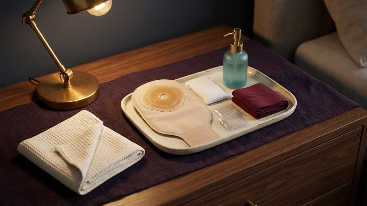 Midnight Plum flat lay with an opaque beige mini ostomy pouch, aubergine fabric stoma wrap band, patterned pouch cover, blank gelling sachets, lubricant pump and bedroom lamp.