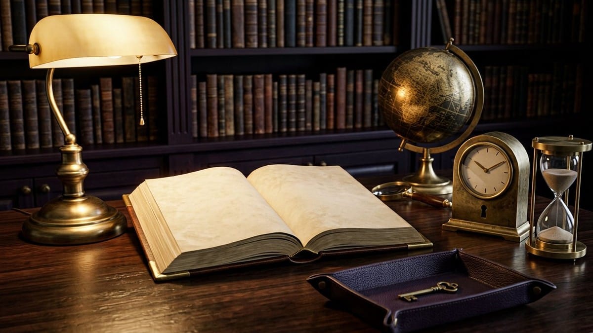 Dark-plum vintage midnight question salon with a brass clock and question-mark sculpture, open blank notebook, sealed envelopes, roses and shelves of source files.