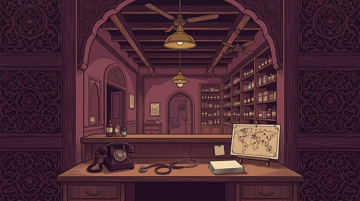 Warm dark-plum vintage clinic reception with carved arches, a rotary telephone, stethoscope, abstract route map, medicine shelves and ceiling fans.