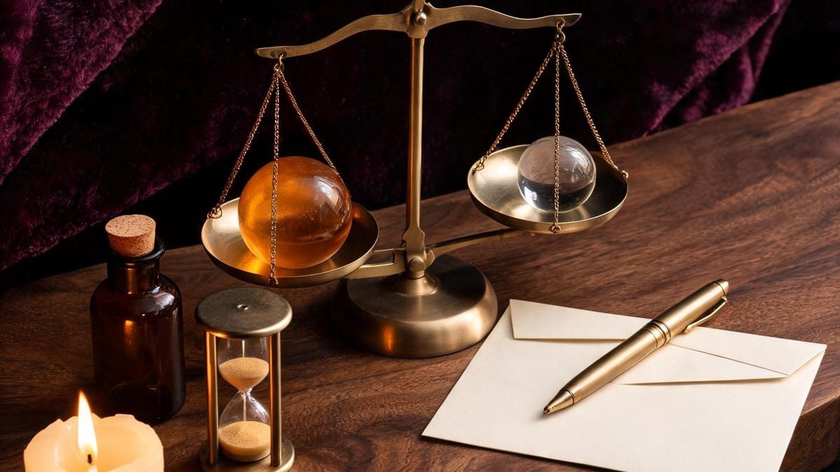 Brass balance scale weighing an amber and a clear glass sphere beside an hourglass and a blank card