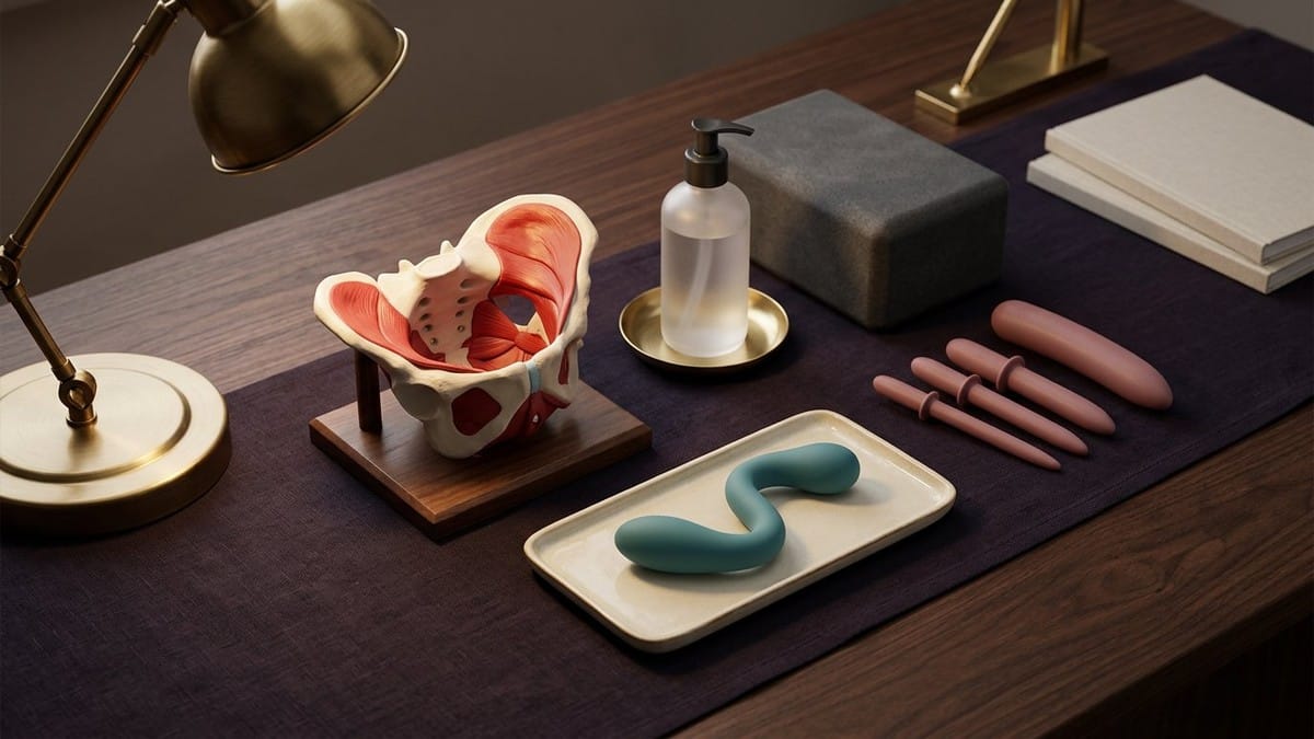 Midnight Plum flat lay with a coiled brass spring vs relaxed wave diagram, graduated silicone vaginal dilators, curved S-shaped pelvic wand, yoga bolster and breath wave card.