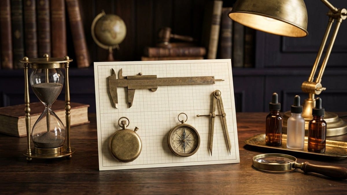 Dark-plum vintage precision-instrument workshop with brass gears, an hourglass, calipers, rulers and material samples on a central bench.