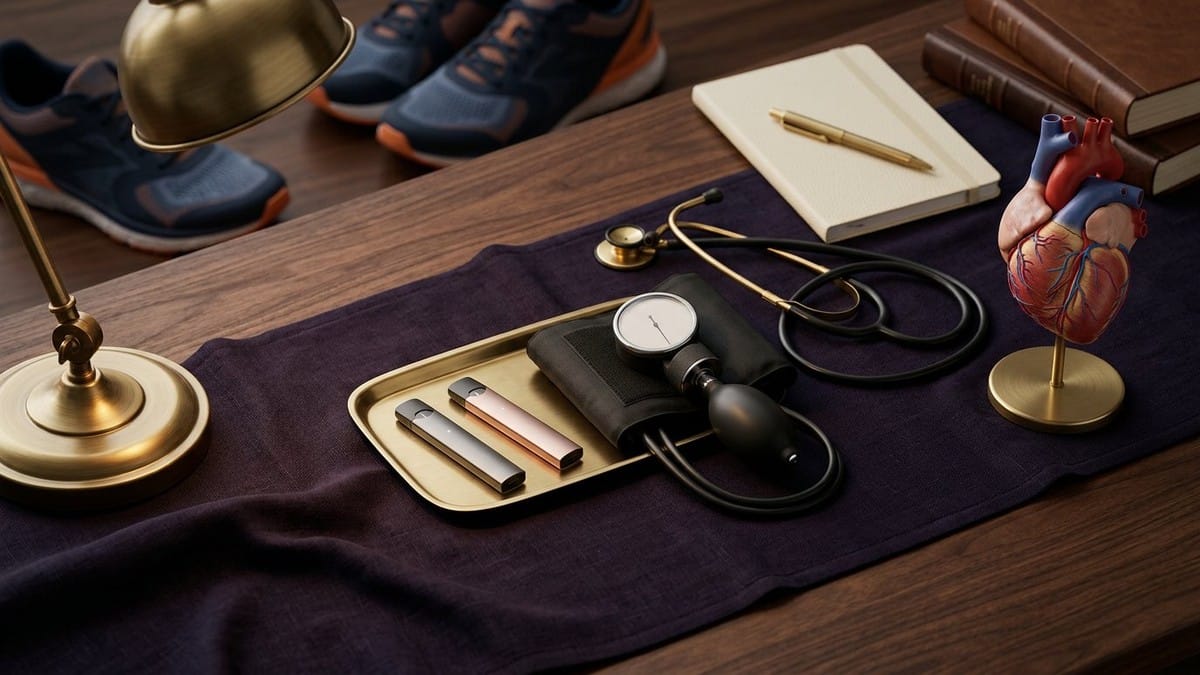 Midnight Plum flat lay with vape pods and e-liquid bottle in a caution ring, a card comparing dilated and constricted blood vessel rings, blood-pressure gauge and running shoes.