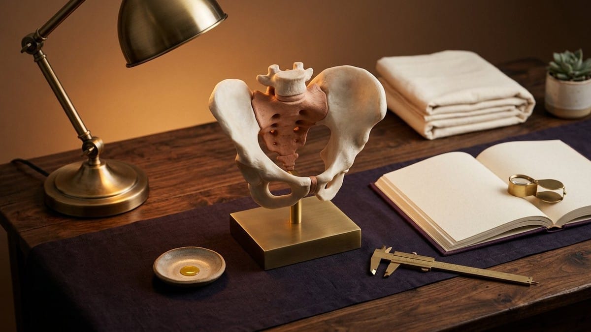3D studio still-life of an anatomical pelvic model, brass Vernier caliper, open atlas with loupe, and organic cotton cloth.