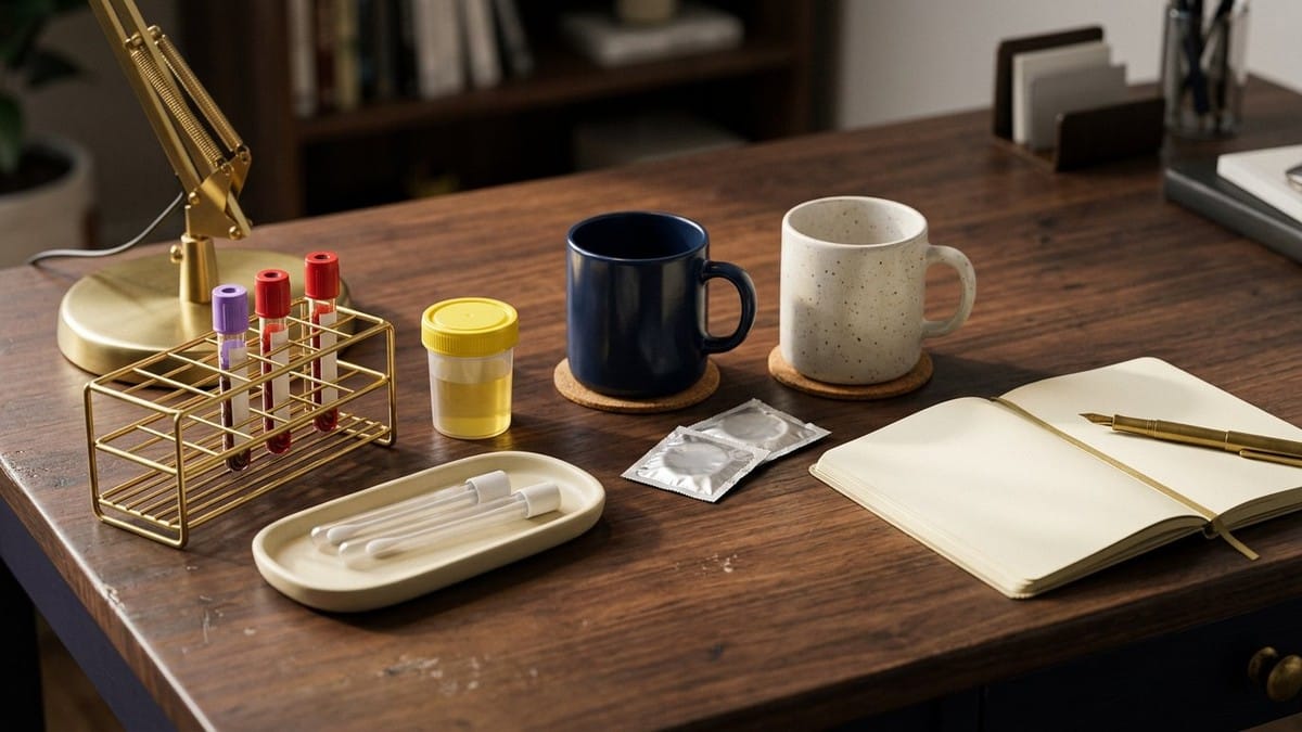 Midnight Plum flat lay with a checklist card showing four teal checkmarks and three dashed empty circles, swab tube, blood tube, urine cup, two smartphones and condom packets.
