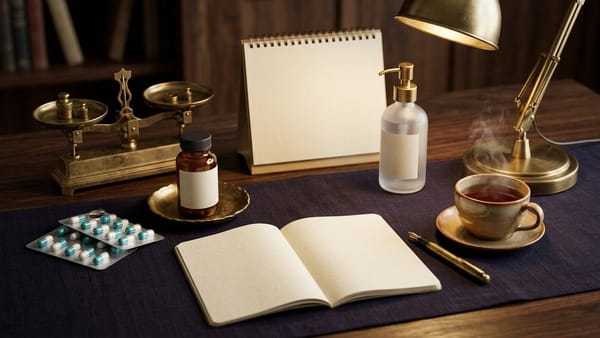 Midnight Plum flat lay with a brass balance scale, two-tone capsule blister pack, regulator shield diagram card, teal lubricant pump bottle, blank notepad and brass pen.