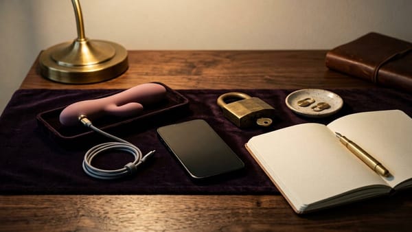 Midnight Plum flat lay with a dusty-rose silicone massager, coiled USB cable, smartphone showing a brass padlock shield, teal signal waves, and crossed-out cloud/camera/mic icons.
