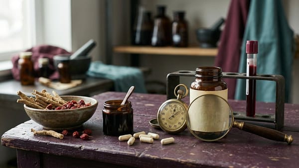 Dark plum lab bench with ashwagandha roots and berries, shilajit resin jar, capsules, stopwatch, magnifier, blank supplement bottle and blood-test tube.