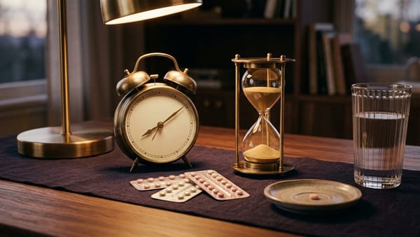 3D studio still-life of a brass twin-bell clock, hourglass, three foil contraceptive blister packs, single emergency pill, and water glass.