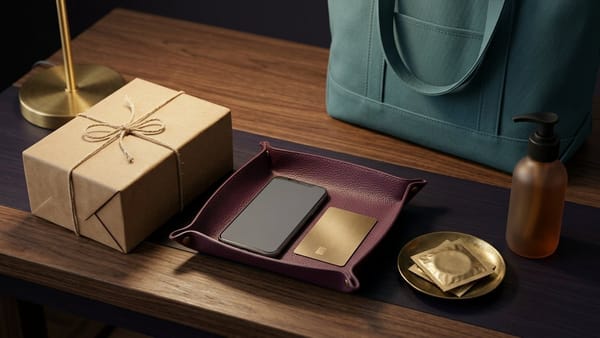 Midnight Plum illustration of a 24/7 parcel locker bank with one glowing open compartment holding a brown box, smartphone QR lock screen, tote bag, condoms, lube and card.